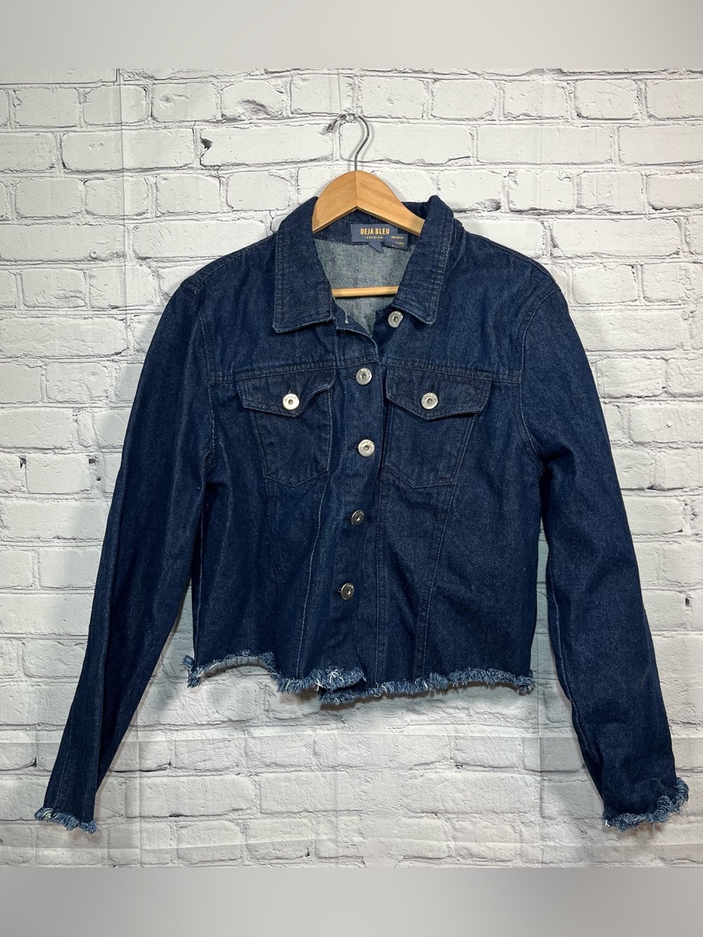 DEJA BLEU Premium Dark Wash Denim Jacket Cropped Jean Jacket Size XL Frayed Hem